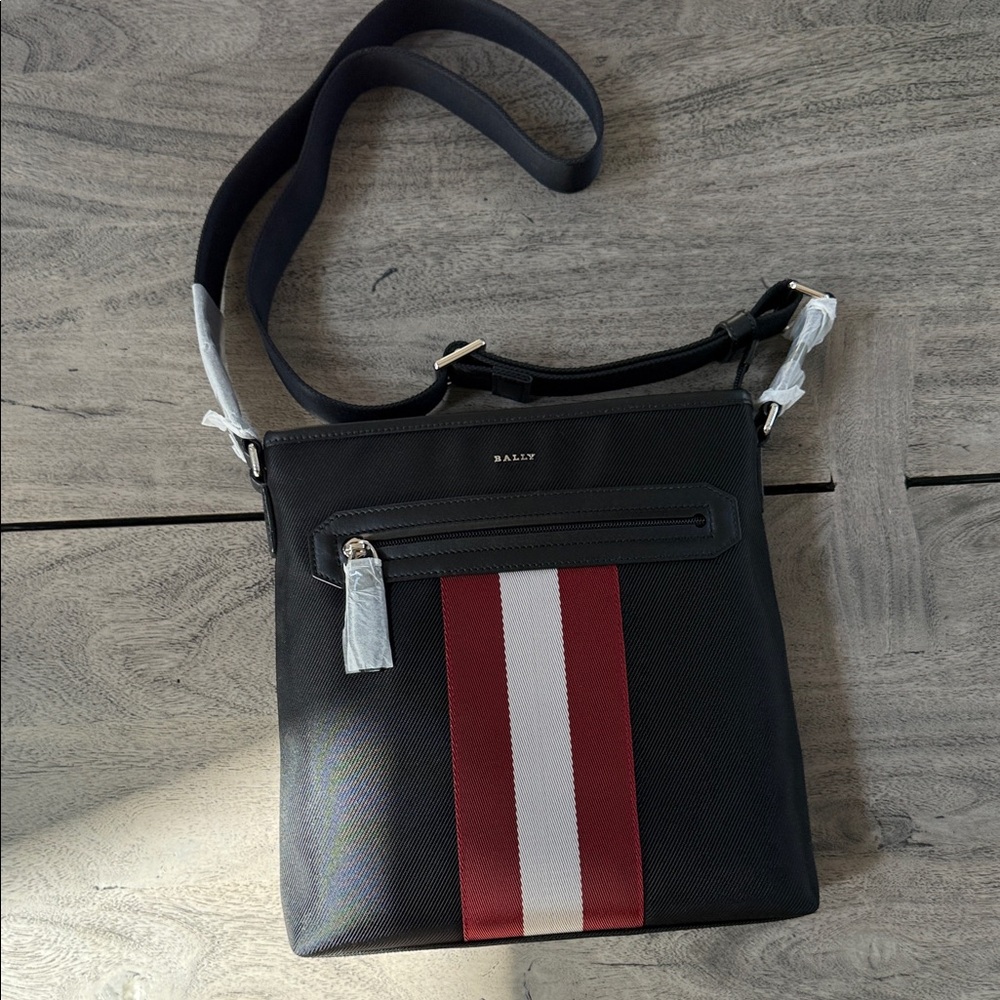 Bally Black Messenger Bag with Red and White Stripe